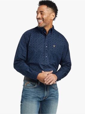 Ariat Men's Dark Navy Patterned Long-Sleeve Button-Down Shirt size XL #A19